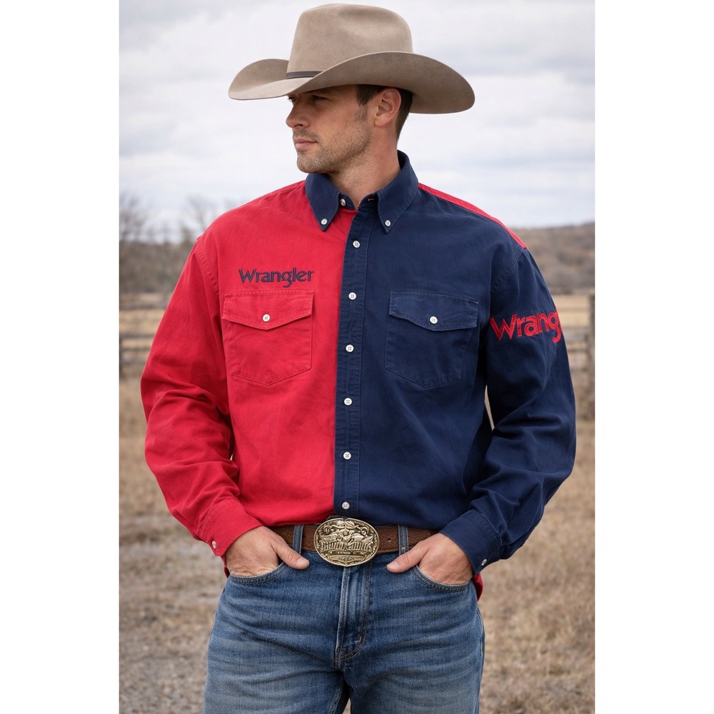 Wrangler Western Vintage Shirt Mens color block, embroidered red navy blue sz M